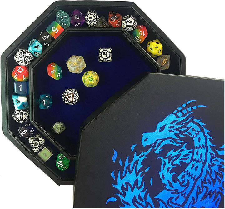 Fantasydice - Feuerdrache - Würfeltablett - 20 cm achteckig mit Deckel und Würfelfelfel-Bereich - fü