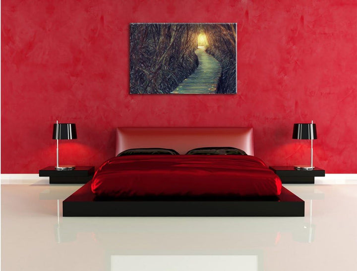 Pixxprint Gehweg im Wald / 100x70cm Leinwandbild bespannt auf Holzrahmen/Wandbild Kunstdruck Dekorat