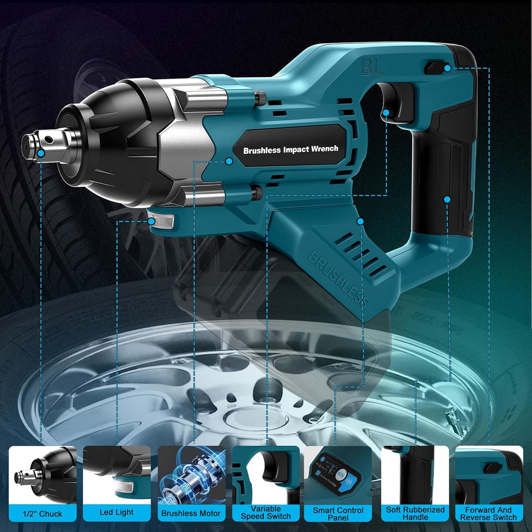 1000Nm Akku Schlagschrauber Kompatibel mit Makita 18V Batterie (Ohne Akku), 1/2 Zoll Bürstenloser Sc