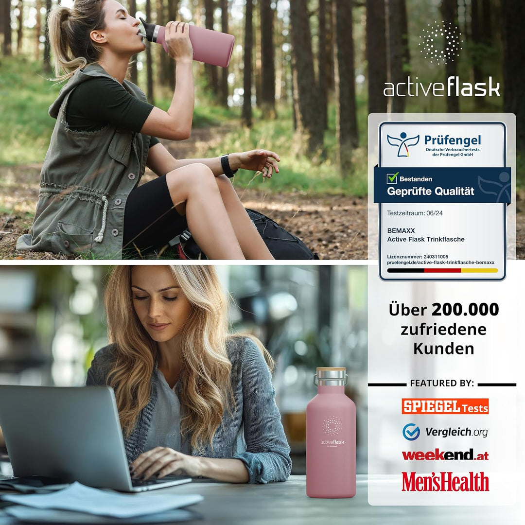 Trinkflasche Edelstahl mit Strohhalm, Infuser + 3 Deckel: BPA-frei, Auslaufsicher, Kohlensäure geeig