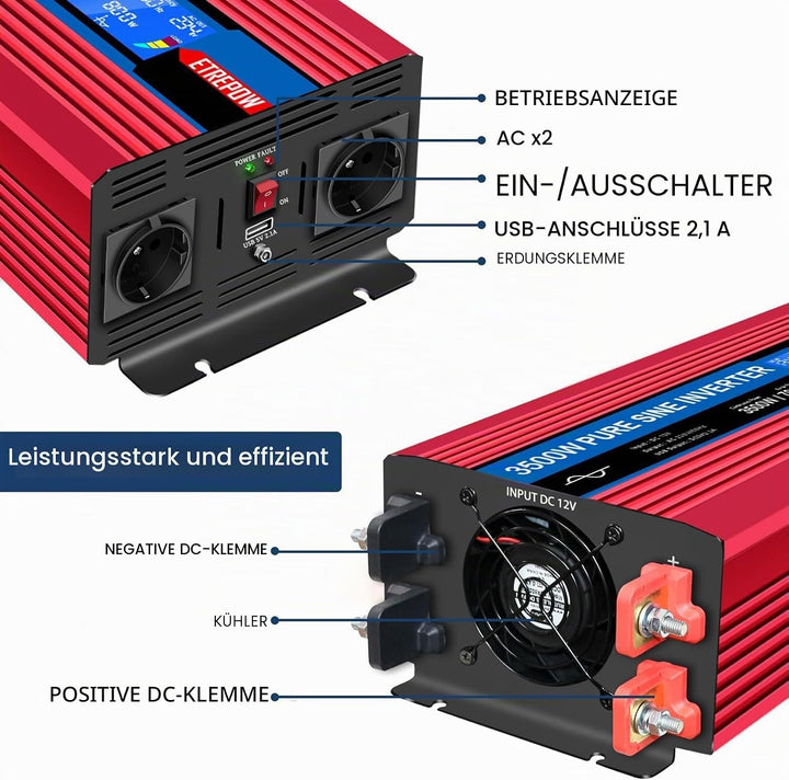 ETREPOW 3500w Spannungswandler 12v Auf 230v Reiner Sinus Wechselrichter mit 2 EU-Steckdose und Einer
