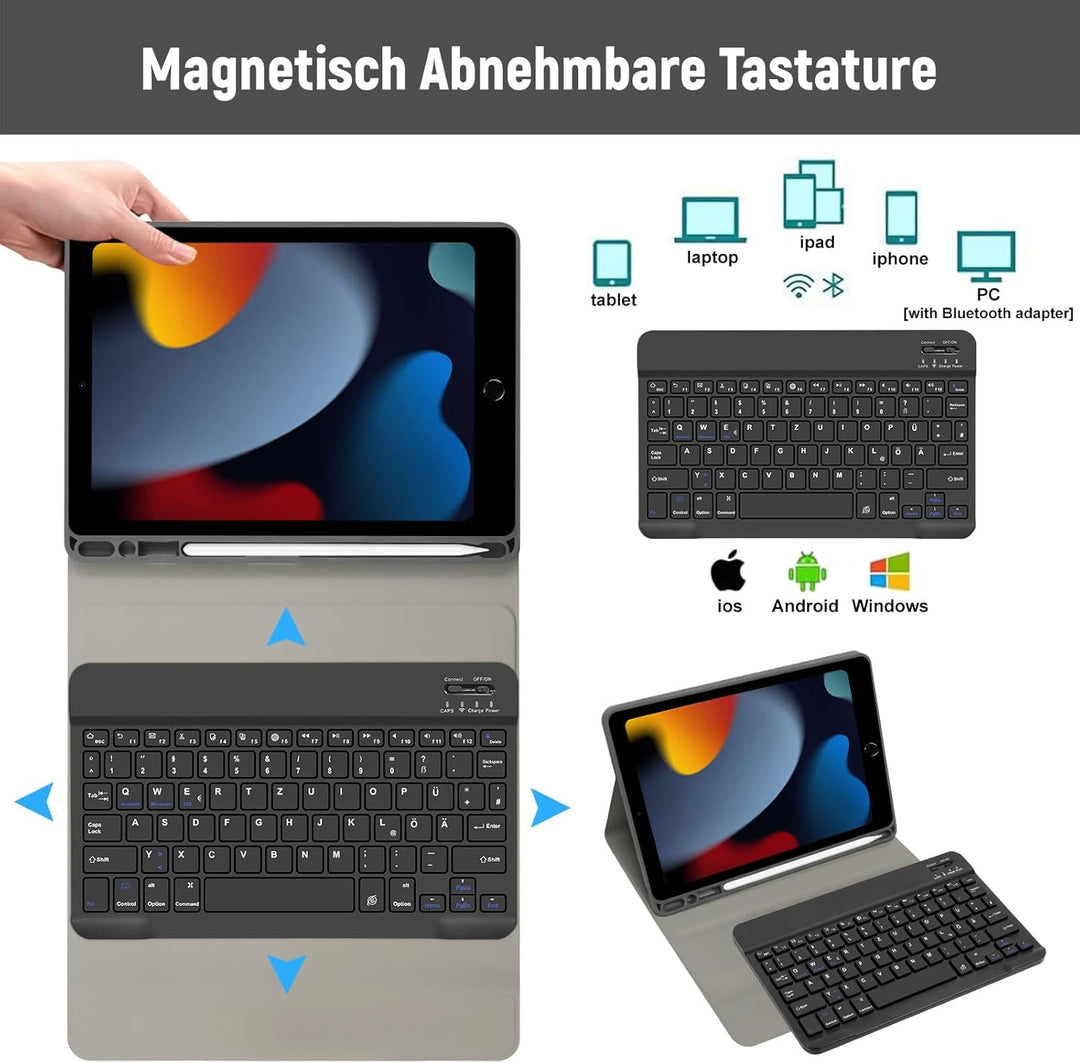 Tastatur Hülle für iPad 10.2 Zoll (9/8/ 7 Generation - 2021/2020/2019), Deutsches QWERTZ Tastatur Ma