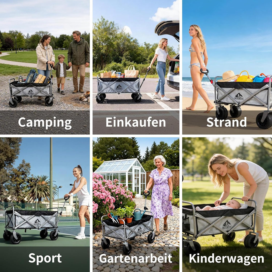Bollerwagen Faltbar – Tragkraft 272 kg, mit Bremsen, Getränkehalter, Verstellbarem Griff, All Terrai
