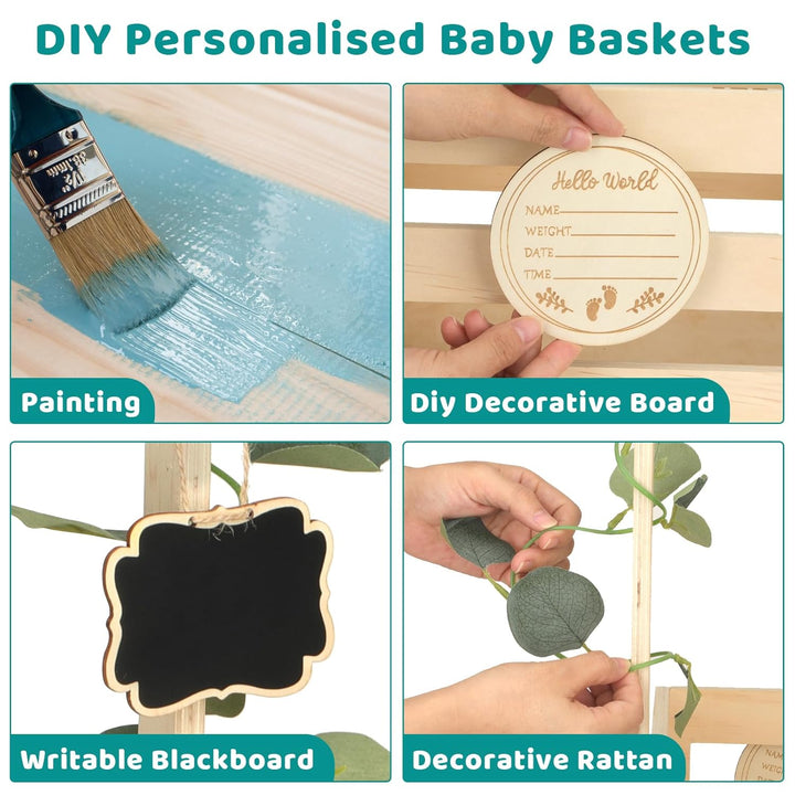 Babyparty Geschenk mit Holz, Babykorb mit 6 Holzkleiderbügel und Dekorblättern, Geschenkkorb Baby Ko