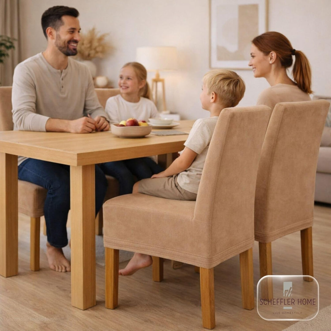 SCHEFFLER-Home Stuhlhussen 4er Set Leon Beige-Stein/elastische Wildleder Hussen für Stühle/Robustes