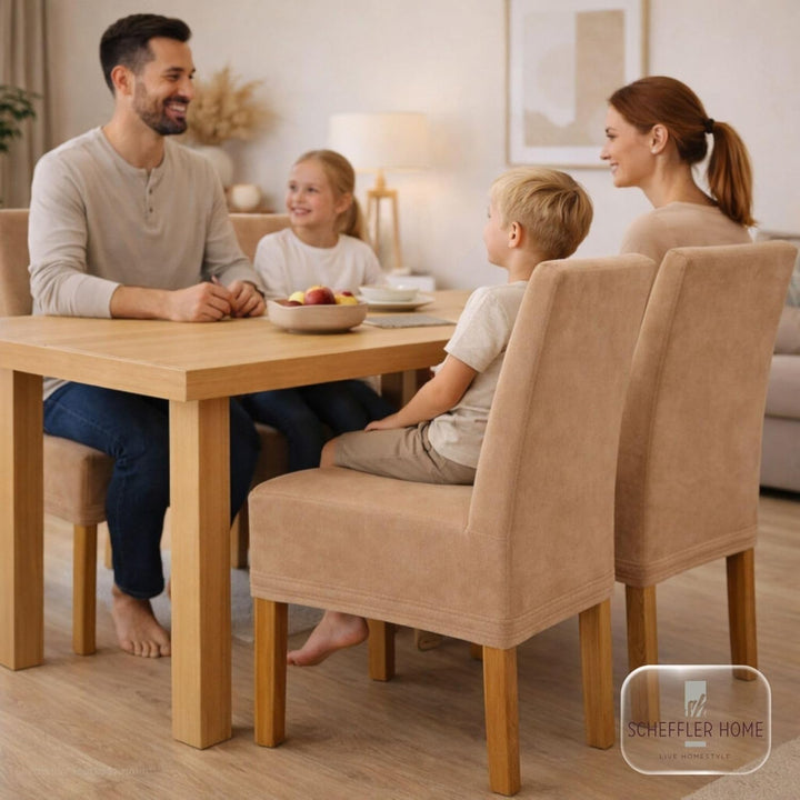 SCHEFFLER-Home Stuhlhussen 4er Set Leon Beige-Stein/elastische Wildleder Hussen für Stühle/Robustes