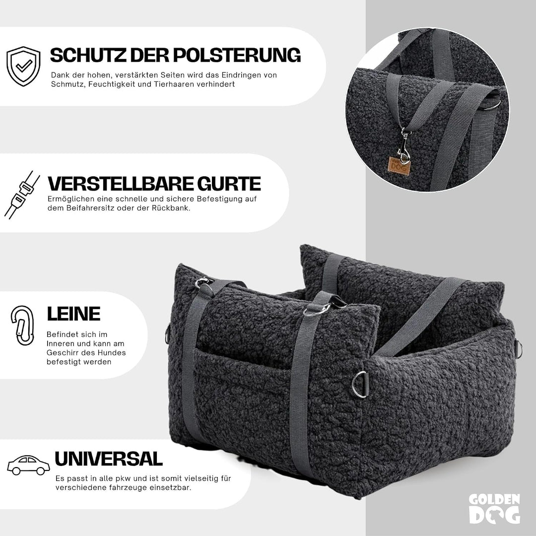 Hundesitz Auto 3in1 aus Bouclé – Hundebett &amp; Transporter mit Sicherheitsleine, weich, robust und Kra