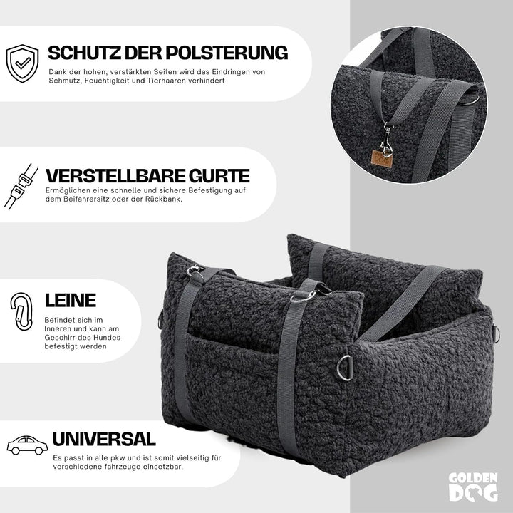Hundesitz Auto 3in1 aus Bouclé – Hundebett &amp; Transporter mit Sicherheitsleine, weich, robust und Kra