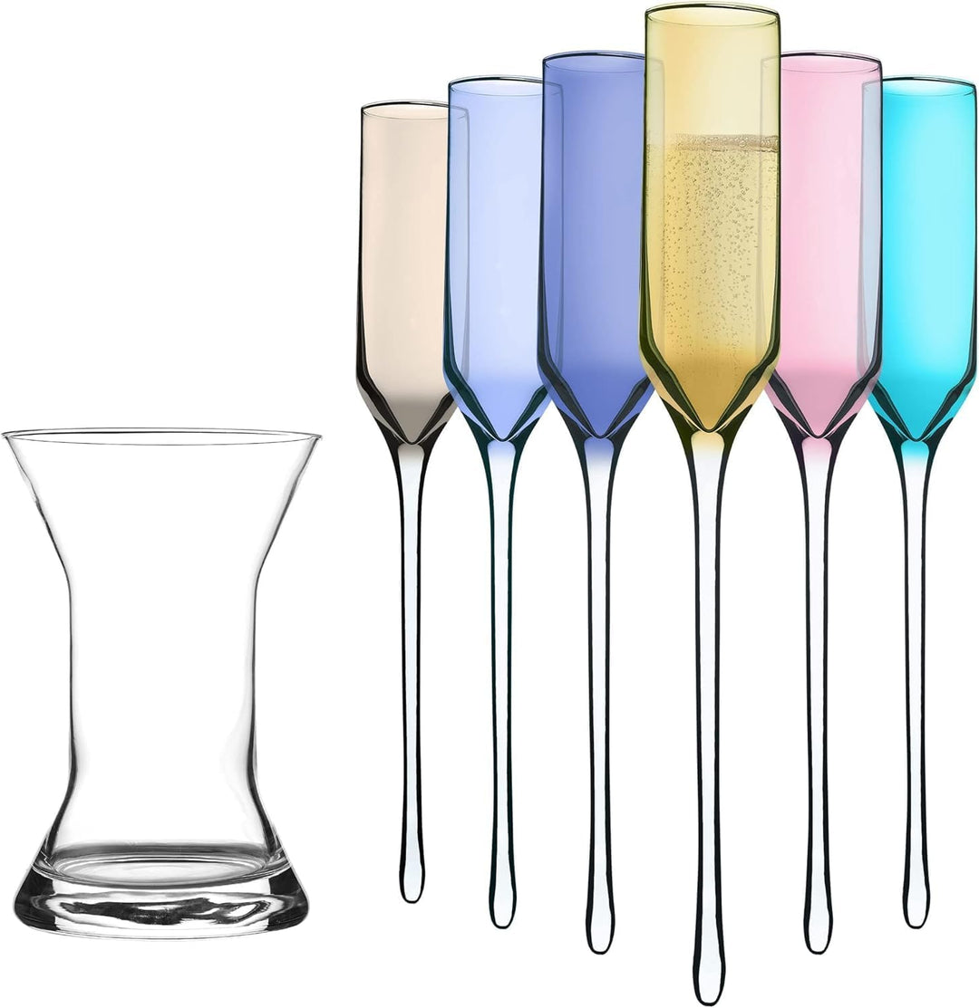 Ombre-Metallic-Glas-Champagner-Set mit Vase, Set mit 6 stilvollen, farbigen, bodenlosen Partygläsern