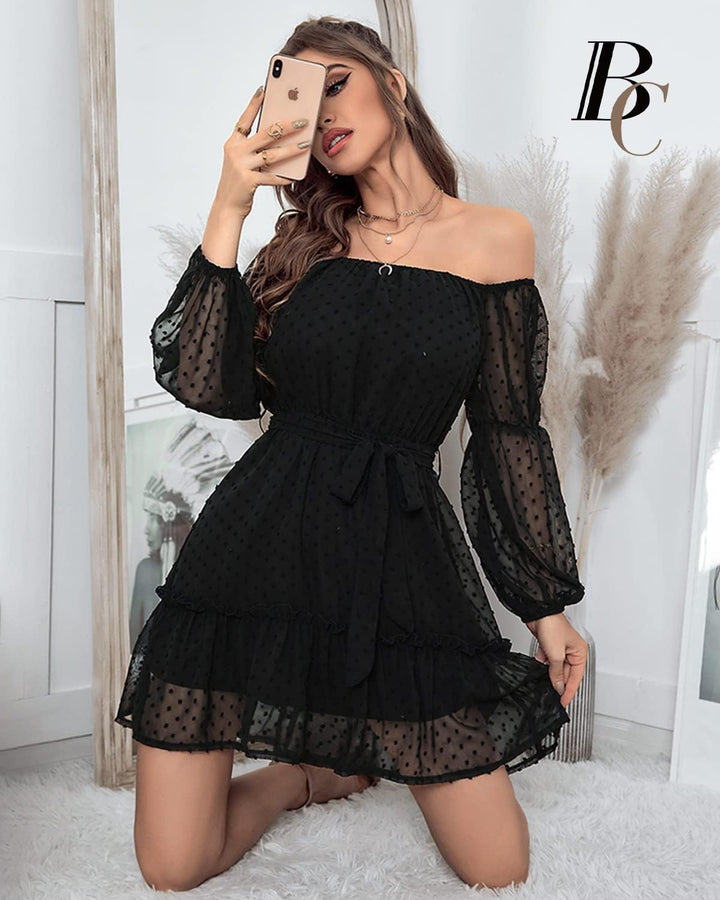 BebreezChic Kleid Damen Elegant Langarm Off Shoulder Einfarbig Swiss Dot Luftig Sommerkleid Miniklei