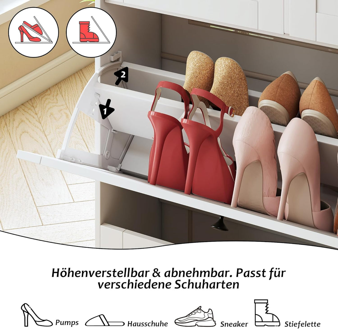 4 Ebenen Schuhschrank mit 2 Klappen und 2 Schubladen, Schmaler Schrank mit anpassbarem Fach und Umki