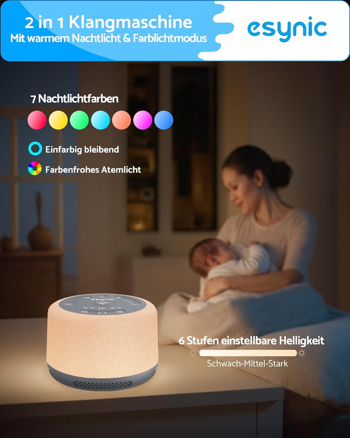 eSynic White Noise Machine Baby Weisses Rauschen Einschlafhilfe LED Stilllicht mit 30 Klänge & 7 Far
