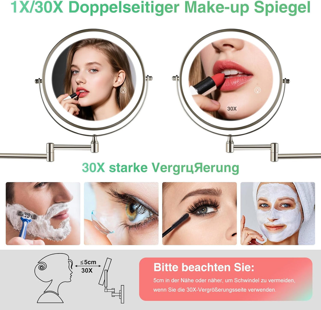 30X/1X wandmontierter Beleuchtungsspiegel für Kosmetik: 8,5 Zoll (21,6 cm) zweiseitig, 3 Farbmodi, U