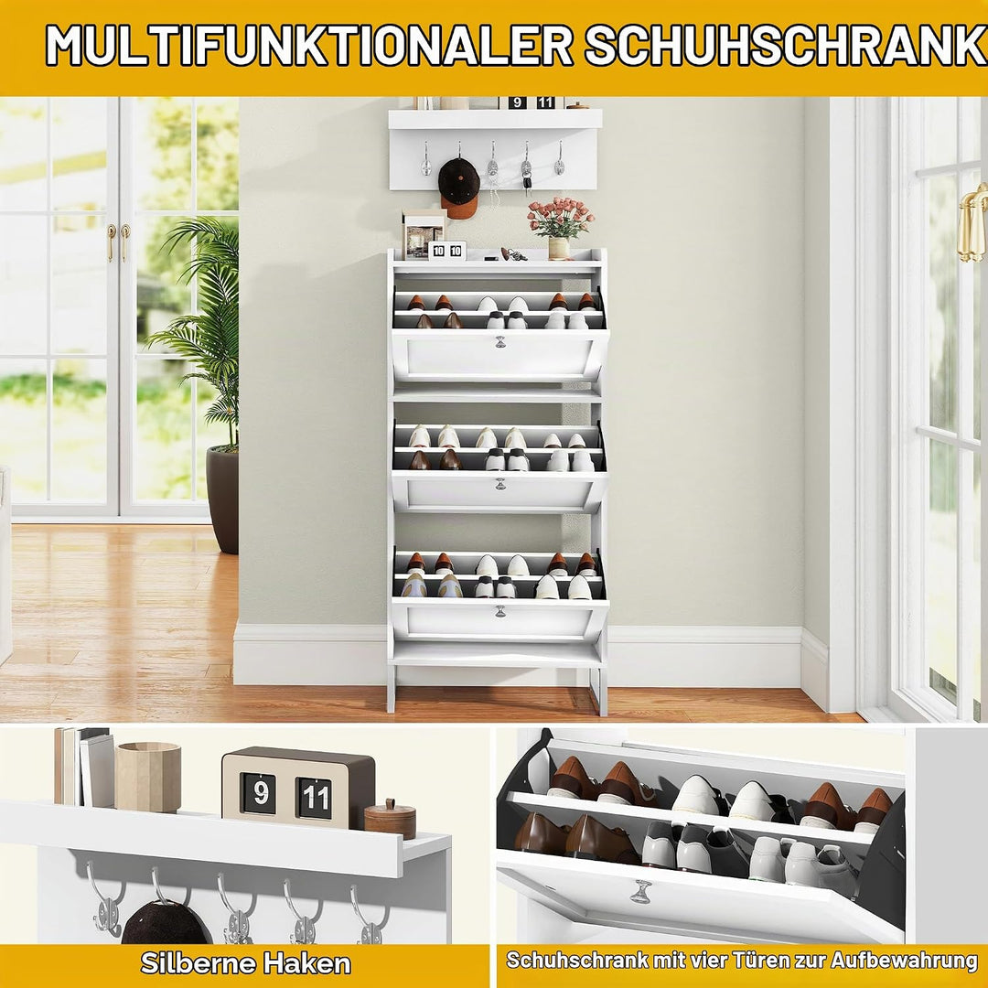 DWVO Schuhschrank Schmal mit 3 Klappen, 25x60x130cm, Schuhkipper Weiss, Schuhkommode Schuhregal mit