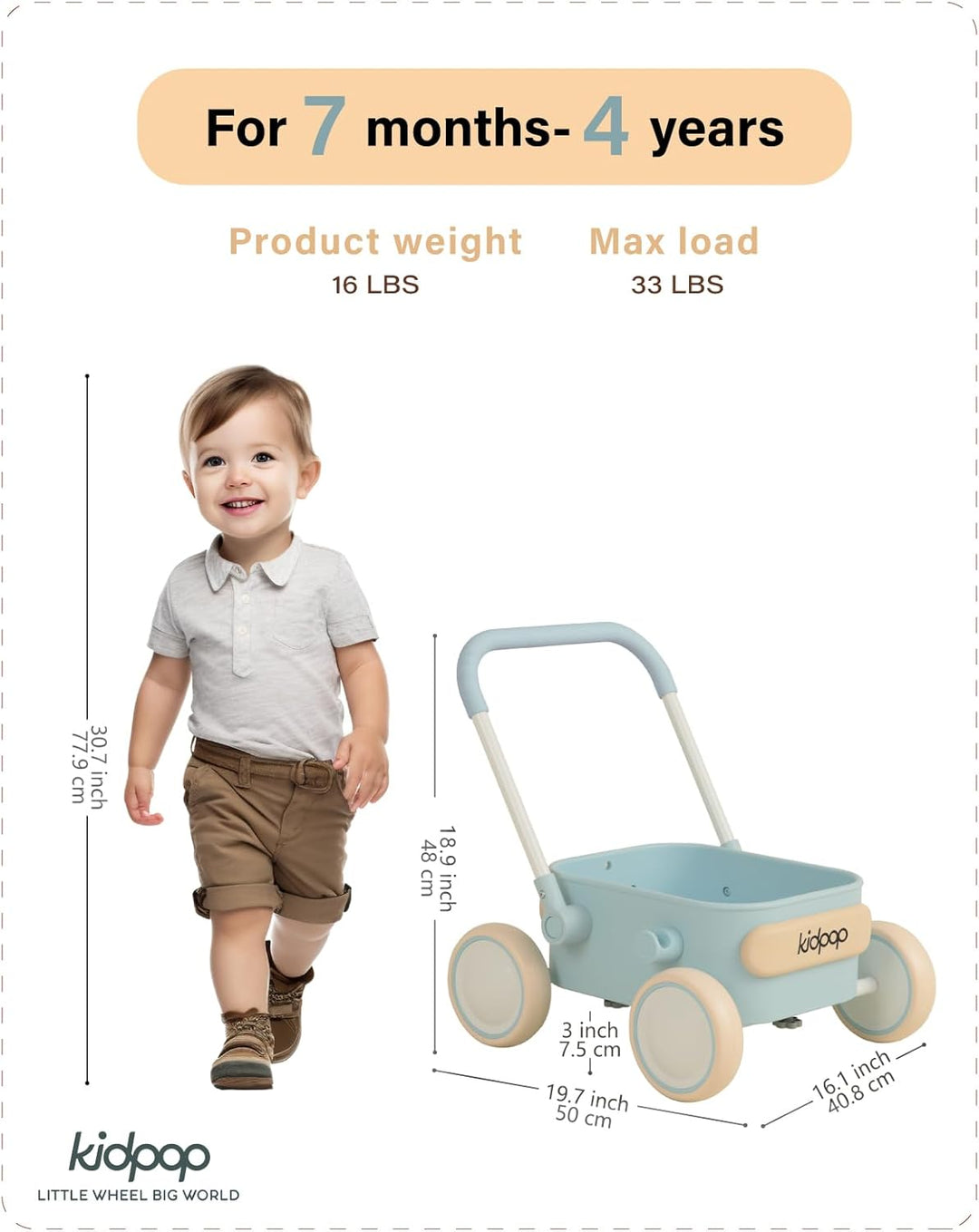 Kidpop PULA 2-in-1 Lauflernwagen Baby Push Pull Lauflernhilfe Spielzeug,4-in-1-Lauflernhilfe mit Räd