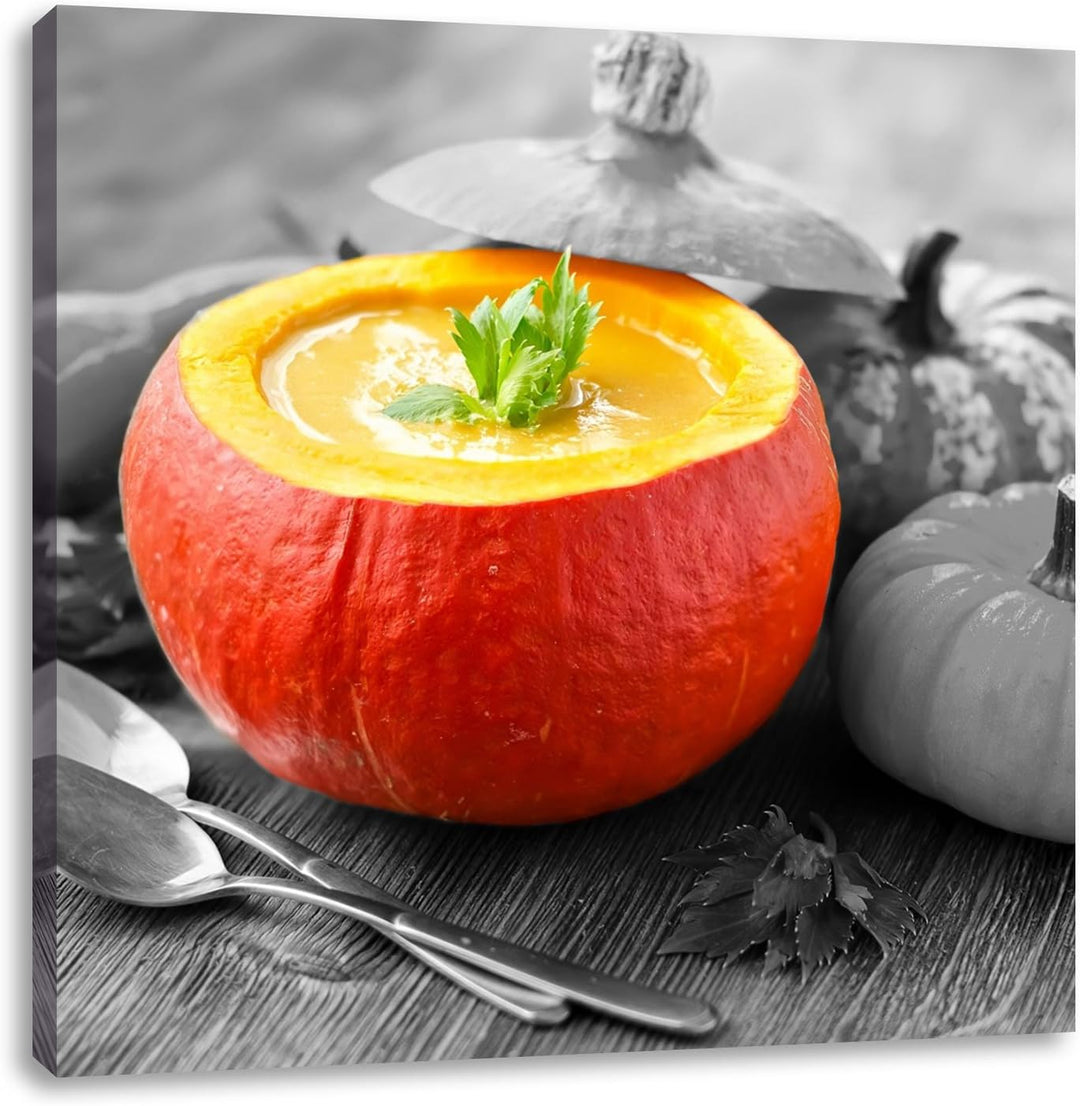 Pixxprint schmackhafte Kürbissuppe in Kürbis schwarz/weiss, Format: 70x70 auf Leinwand, 70x70