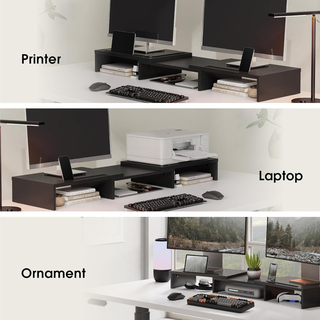 FITUEYES Dual Monitorständer Holz Drehbar Längenverstellbar mit Halteschlitz für Smartphones Tablet