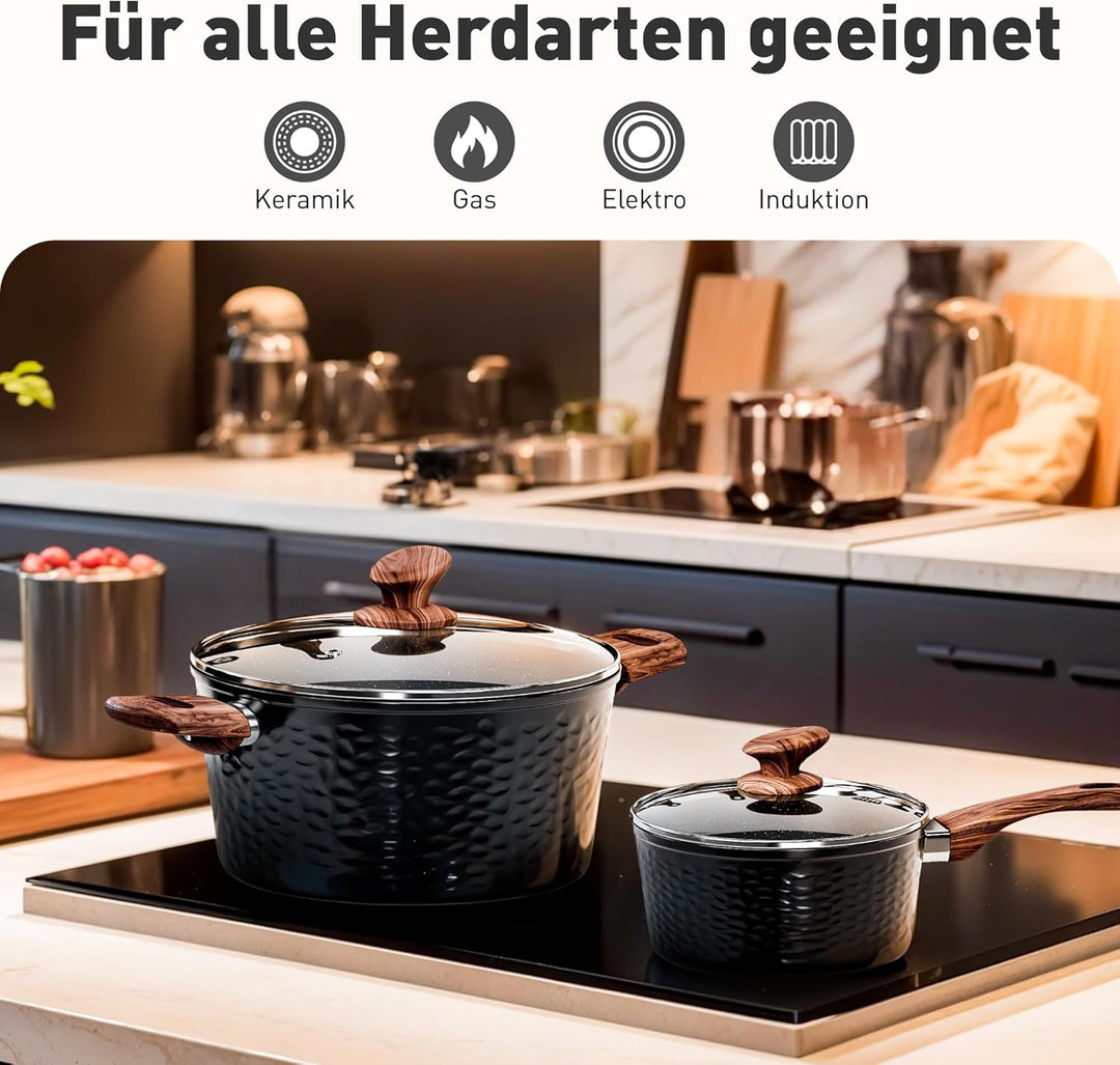 Kitchen Academy Topfset Antihaft Granit Beschichteter, Topf Induktion Schwarz Töpfe Set Pfannenset 1