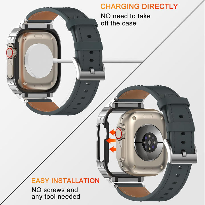 SUPLINK Metallgehäuse mit Lederarmband Kompatibel mit Apple Watch Armbändern 49mm,Robuste Edelstahl