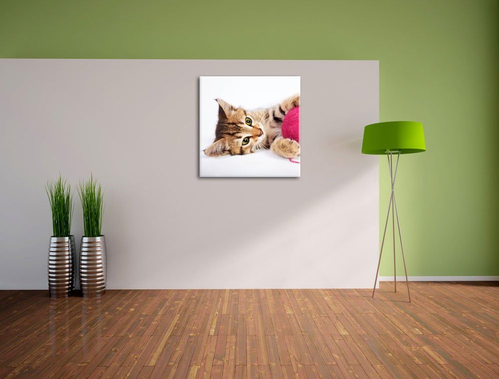 Kätzchen mit Wollknäul, Format: 70x70 auf Leinwand, XXL riesige Bilder fertig gerahmt mit Keilrahmen