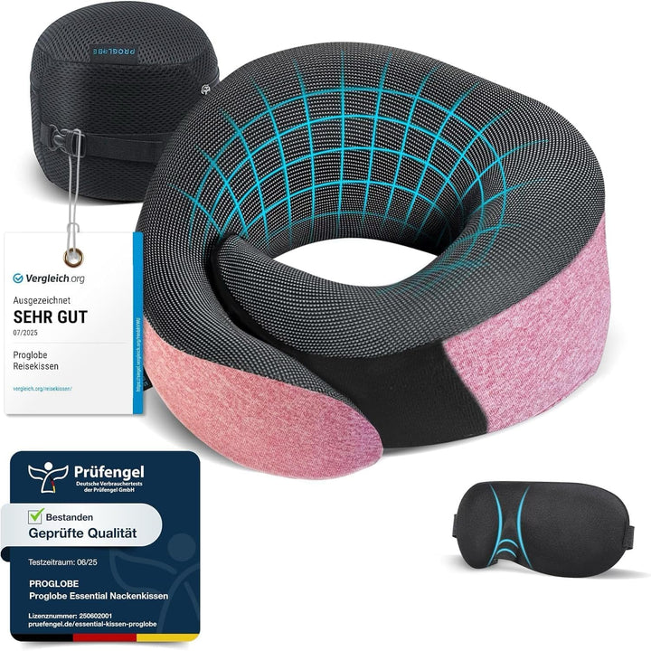 Proglobe Rosa Nackenkissen Flugzeug, Reisekissen 100% Memory Foam, Orthopädisches Nackenhörnchen, Fü
