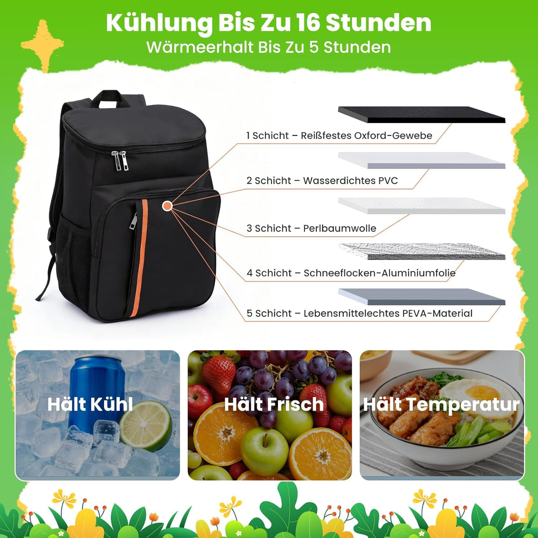Kühlrucksack Thermo Rucksack Isolierte Kühltasche 23L Grosse Kapazität Wasserdicht Leicht Tragbar Ou