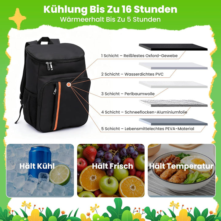 Kühlrucksack Thermo Rucksack Isolierte Kühltasche 23L Grosse Kapazität Wasserdicht Leicht Tragbar Ou