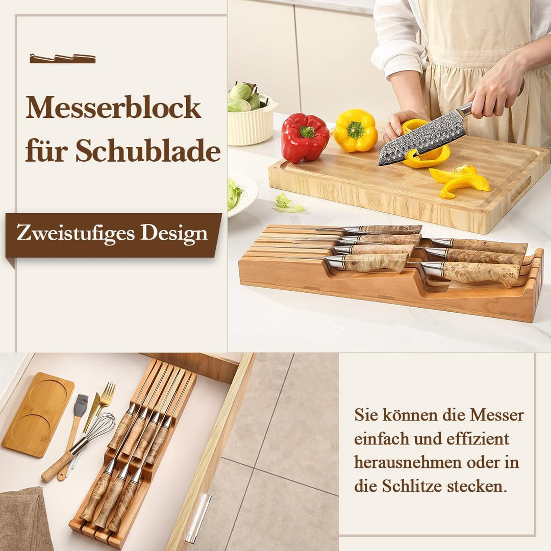 HEZHEN Messerhalter Schublade aus Kirschholz, In-Schublade Messerblock Holz Messerorganizer für die