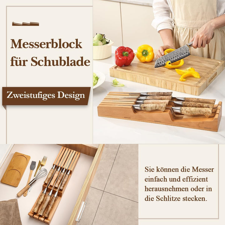 HEZHEN Messerhalter Schublade aus Kirschholz, In-Schublade Messerblock Holz Messerorganizer für die