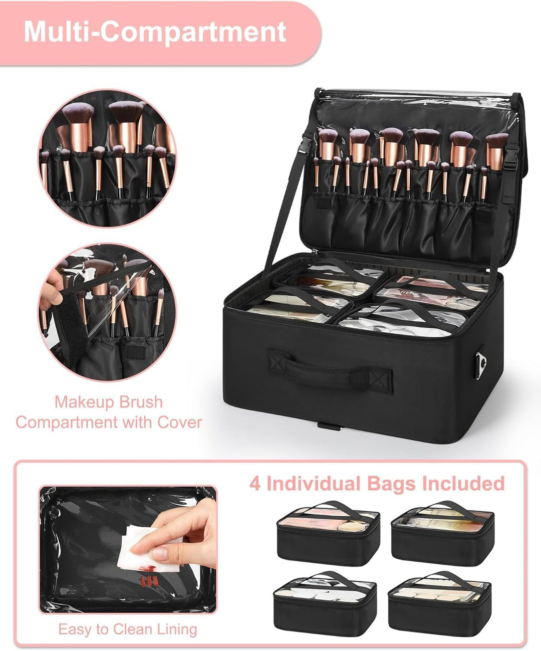Relavel XXL Make-up-Koffer, Professioneller Kosmetik-Organizer mit Pinselhalter, 4 durchsichtigen Ta