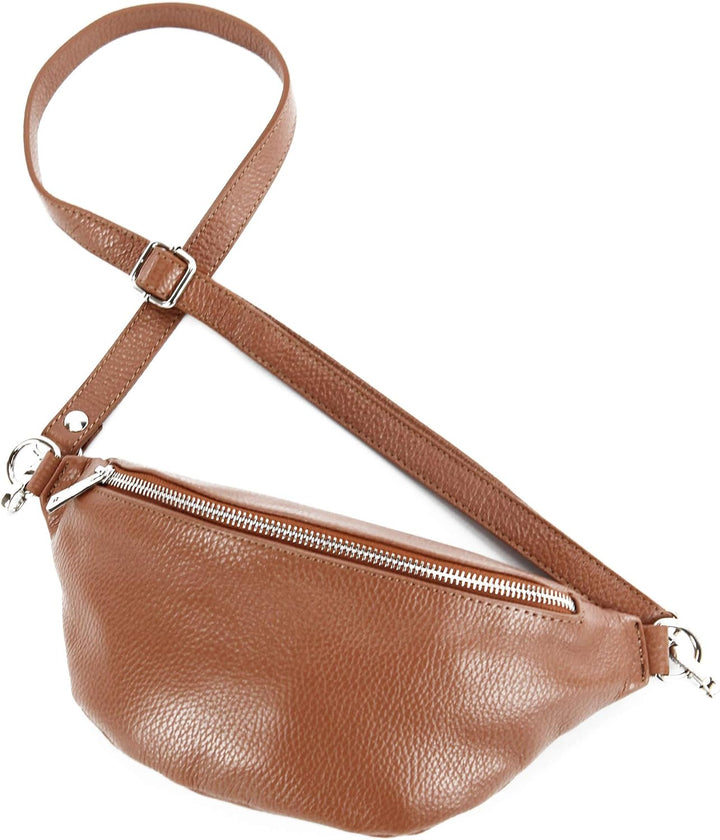 modamoda de - T211 - ital. Hüfttasche Bauchtasche Brusttasche Medium aus weichem Leder, Farbe:Cognac
