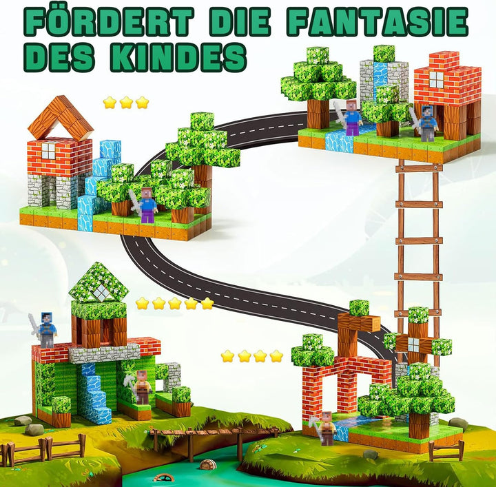 Magnetische Bausteine 150 Stück, Magnetbausteine Set mit 6 Minenarbeiter Figuren & 20 Aufklebern, 3D