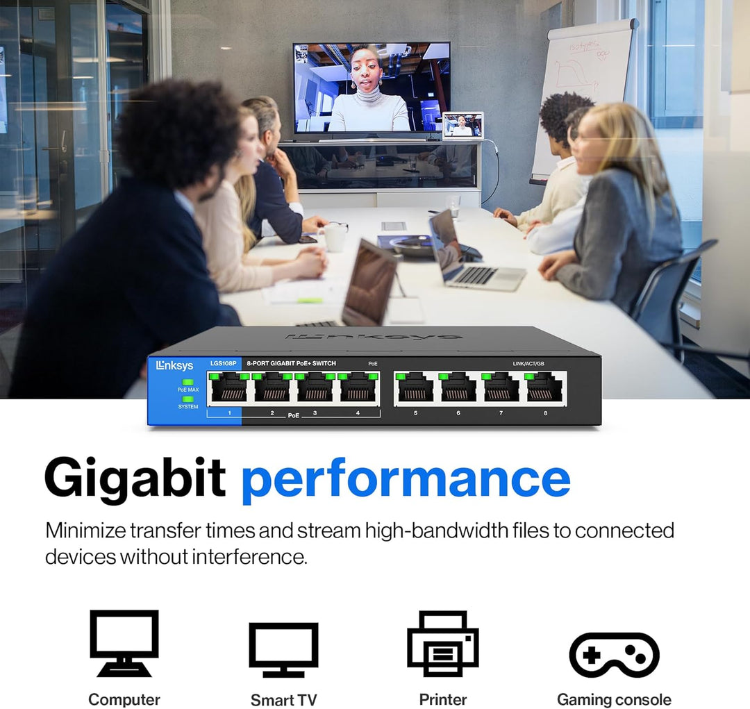 Linksys LGS108P-EU 8-Port Unmanaged Gigabit-Netzwerk-PoE-Switch mit 4 PoE+-Ports, Ethernet-Switch –
