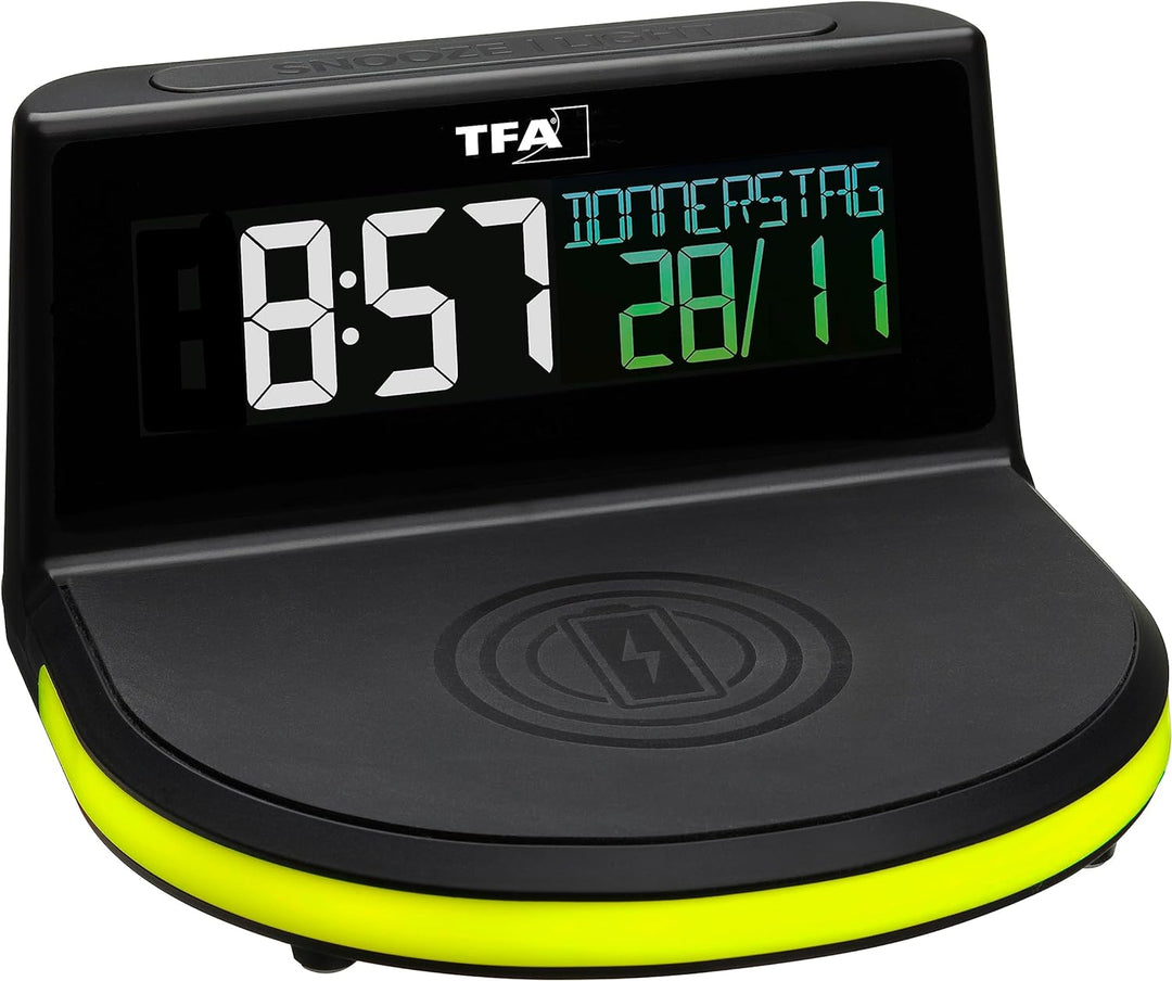 TFA Dostmann Charge-IT Wireless Digitalwecker, 60.2028.01, mit kabelloser Ladestation (Qi) für Smart