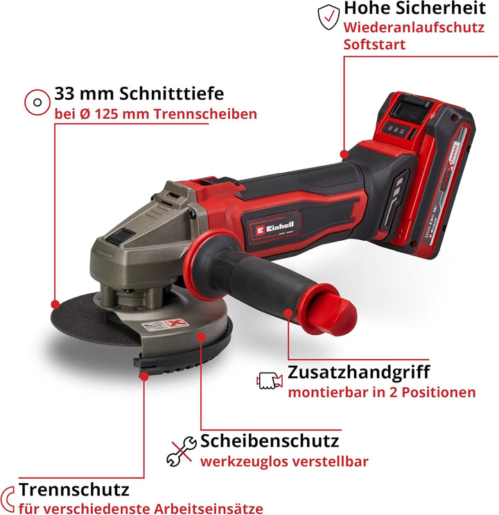 Einhell Akku-Winkelschleifer TE-AG 18/125-2 Li (1x 4,0 Ah) Power X-Change (18 V, 125 mm Scheiben-Ø,