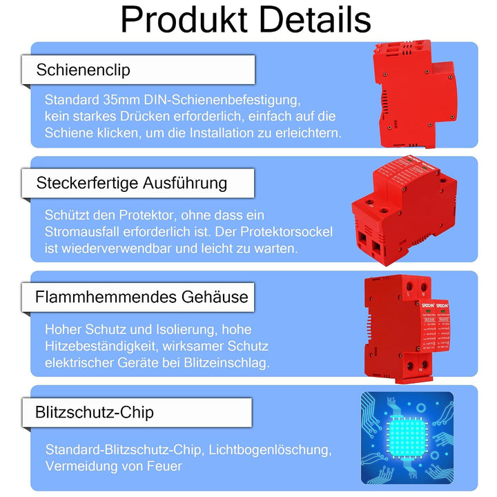 Warmfay Überspannungsschutz PV B+C(T1+T2) 2P 25-100KA, 420V DC Photovoltaic Lightning Protector Nied