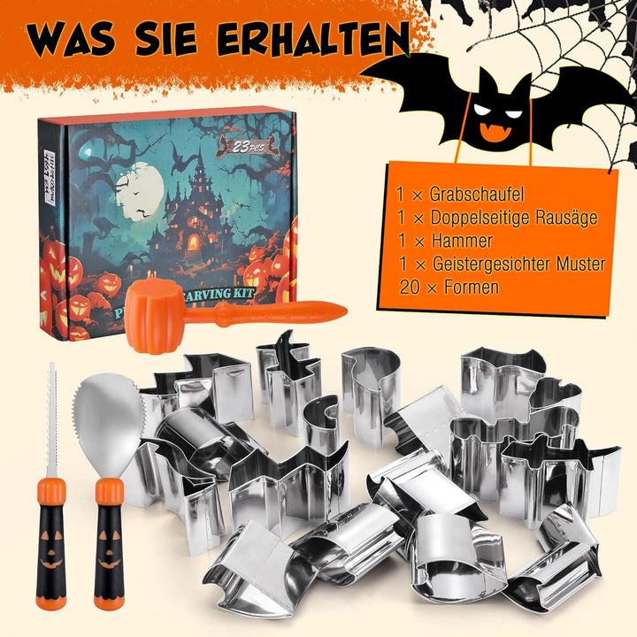 HAUSHOF Halloween Kürbis Schnitzset 23-tlg., Kürbis Schnitzwerkzeuge mit Hammer und 20 Formen, DIY H