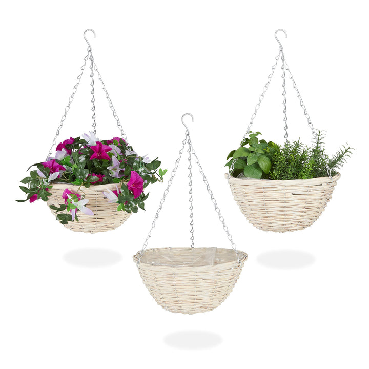 Relaxdays Blumenampel, 3er Set, Weide Korbgeflecht, handgefertigt, Folie, Eisenkette, Hängetopf HxD: