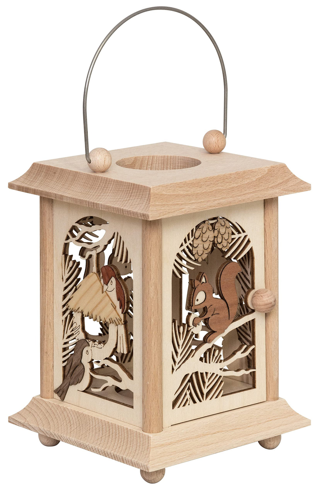 Drechslerei Kuhnert Tischlaterne/Teelichthalter - Motiv: Eichhörnchen mit Vögeln aus Edelholz - Mass