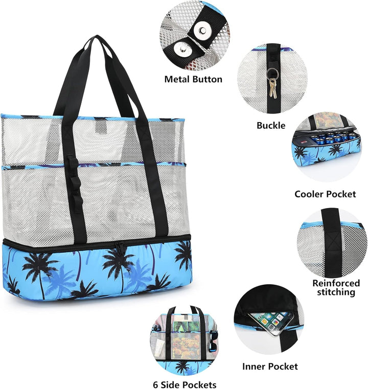 8 Taschen Tote Mesh Strandtasche Damen Gross Faltbare mit Wasserdichter Kühltasche für Spielzeugaufb