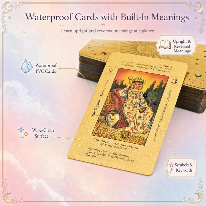 YIMINGOUFEI Englisches Waite-Tarot-Deck mit Goldfolie, 78 Karten mit Anleitung, wasserdichtes PVC-De