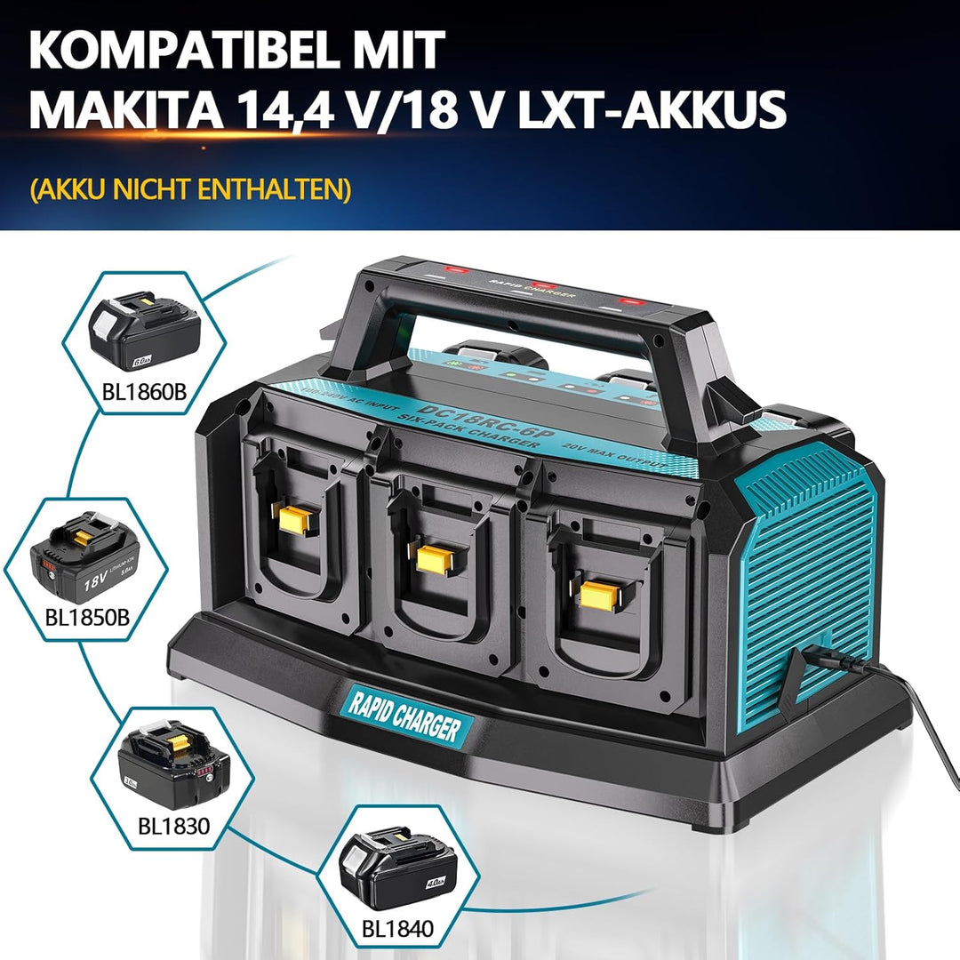 YEX-BUR 6-Ports Ladegerät für Makita 14,4v-18v Akku (Li-Ion, gleichzeitiges Laden von 6 x 18V Akkus,