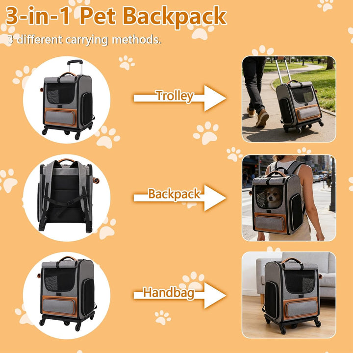 3-in-1 Katzenrucksack mit Rädern, Abnehmbaren Hunderucksack mit Sonnenschutzrollos, Belüftetes Desig