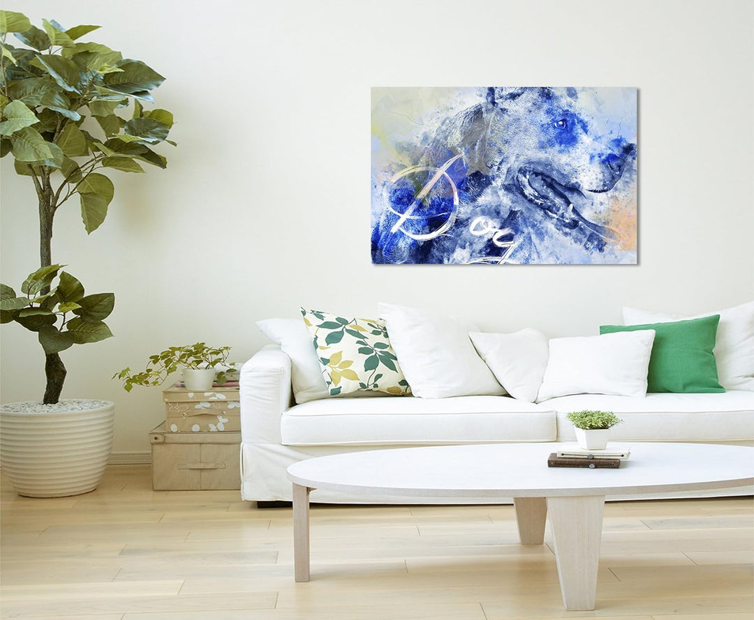 Paul Sinus Art Bild Leinwand 120x80cm Hechelnder Hund in Blautönen mit Kalligraphie, 120x80cm
