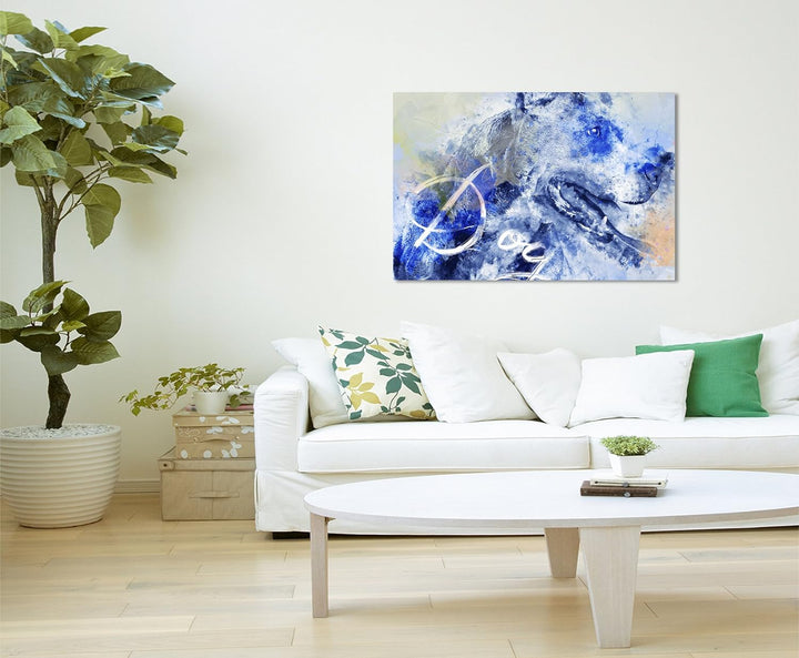 Paul Sinus Art Bild Leinwand 120x80cm Hechelnder Hund in Blautönen mit Kalligraphie, 120x80cm