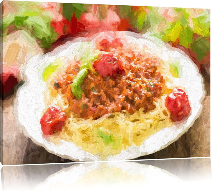 Pixxprint Spaghetti Bolognese auf dem Teller Kunst Pinsel Effekt, Format: 100x70 auf Leinwand, 100x7