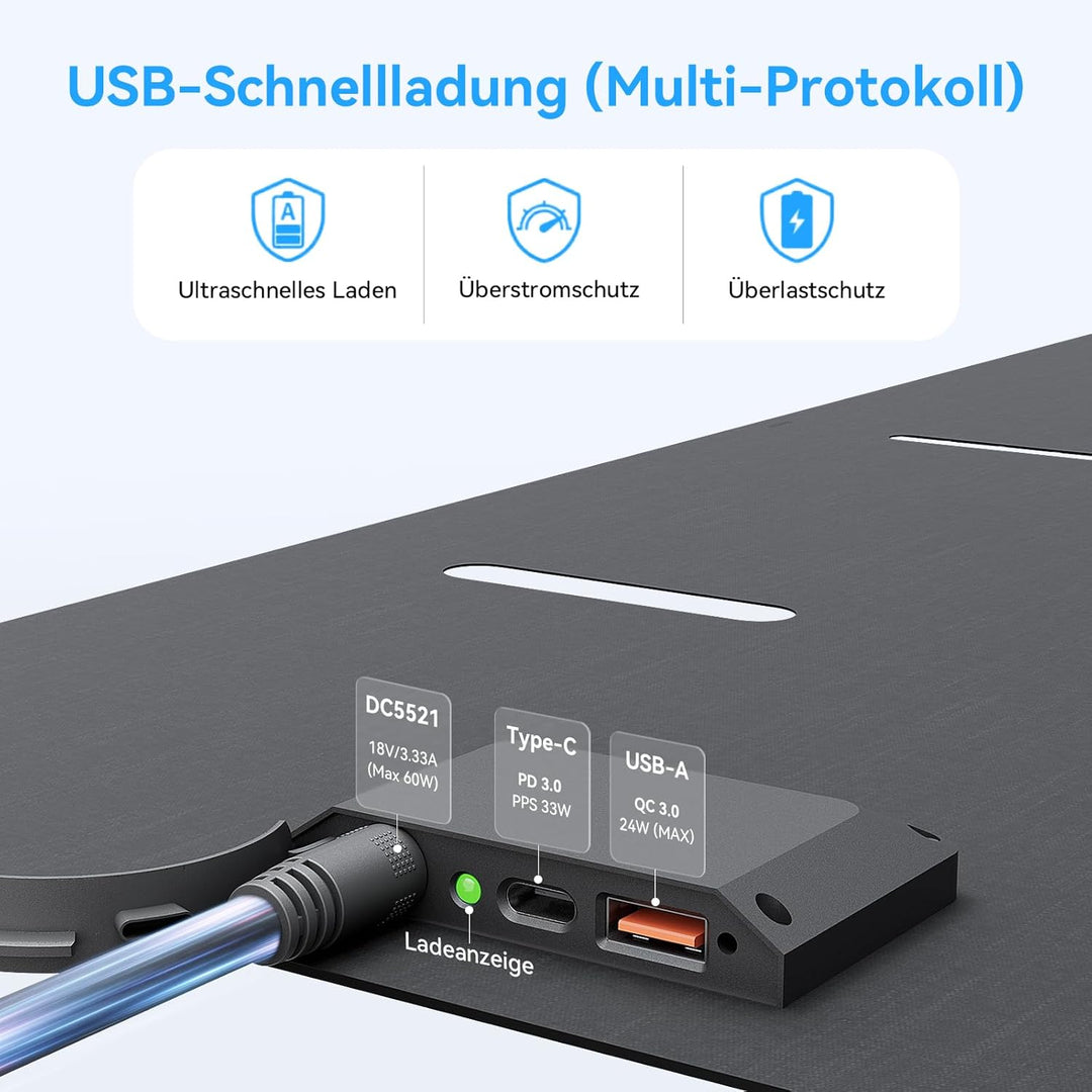 Ecosonique 60W Tragbares Faltbares Solarpanel mit ETFE 23% Wirkungsgrad, USB-C PD3.0 & USB-A QC3.0 S