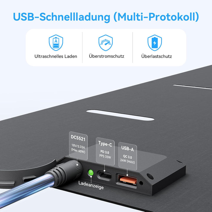 Ecosonique 60W Tragbares Faltbares Solarpanel mit ETFE 23% Wirkungsgrad, USB-C PD3.0 & USB-A QC3.0 S