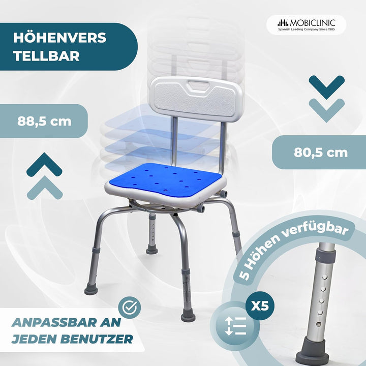 Mobiclinic®, 360° Drehbarer Duschstuhl, Armlehnen und Rückenlehne, Höhenverstellbar, Sitzfläche mit