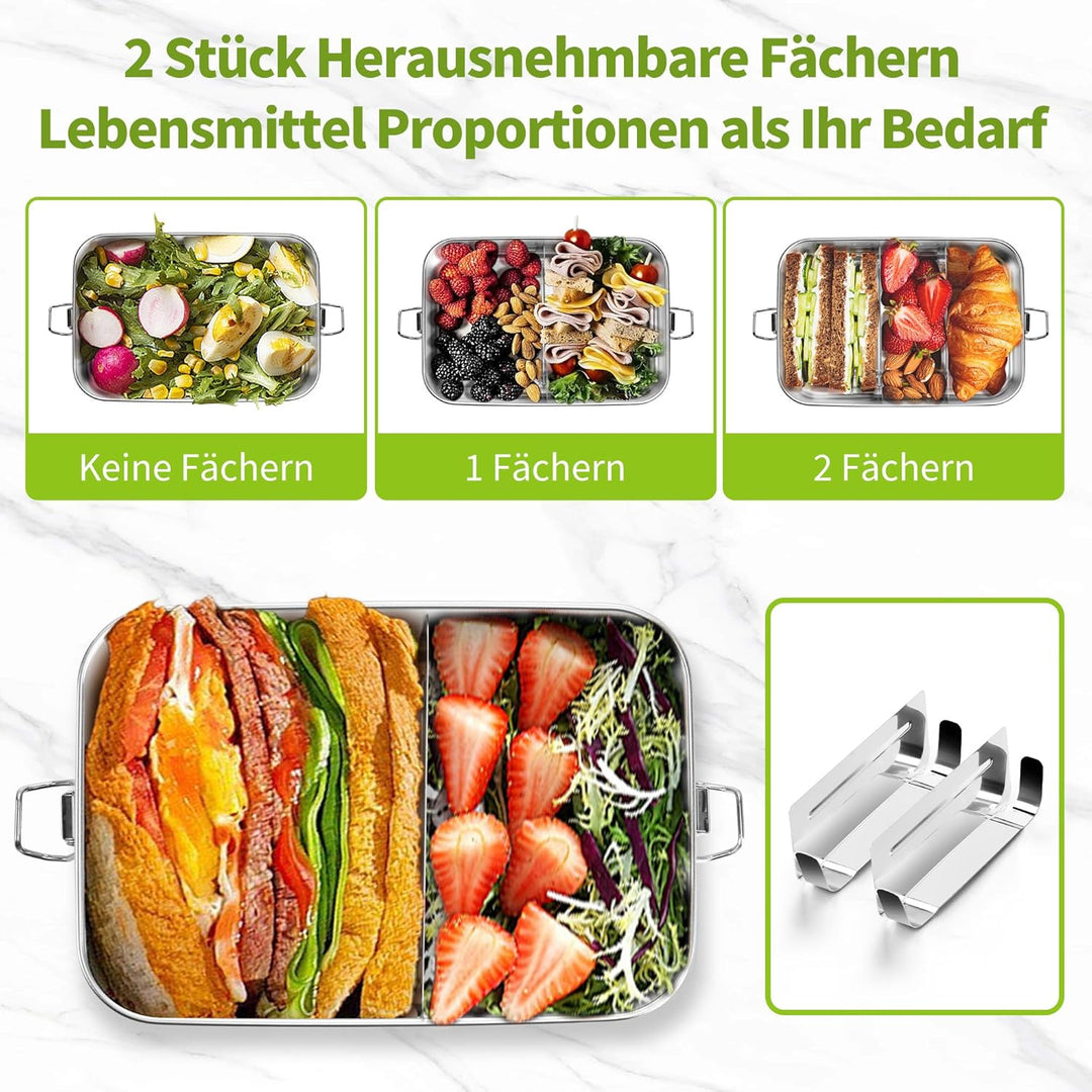 Homikit Edelstahl Brotdose mit 2 Fächern, 1400ml Bento Box mit Tasche für Kinder und Erwachsene, Aus